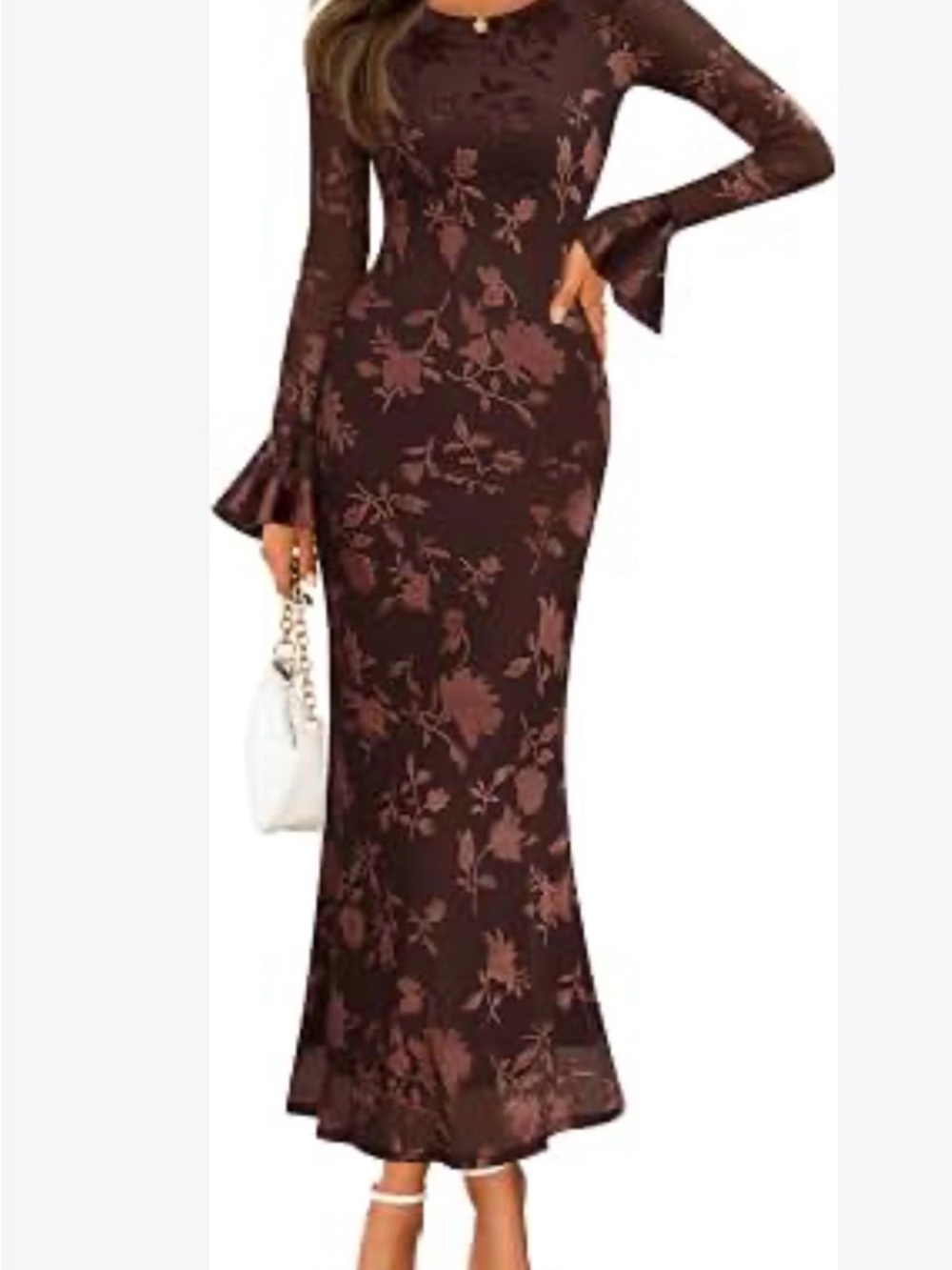 Brown Floral Long-Sleeve Maxi Dress with Bell Cuffs